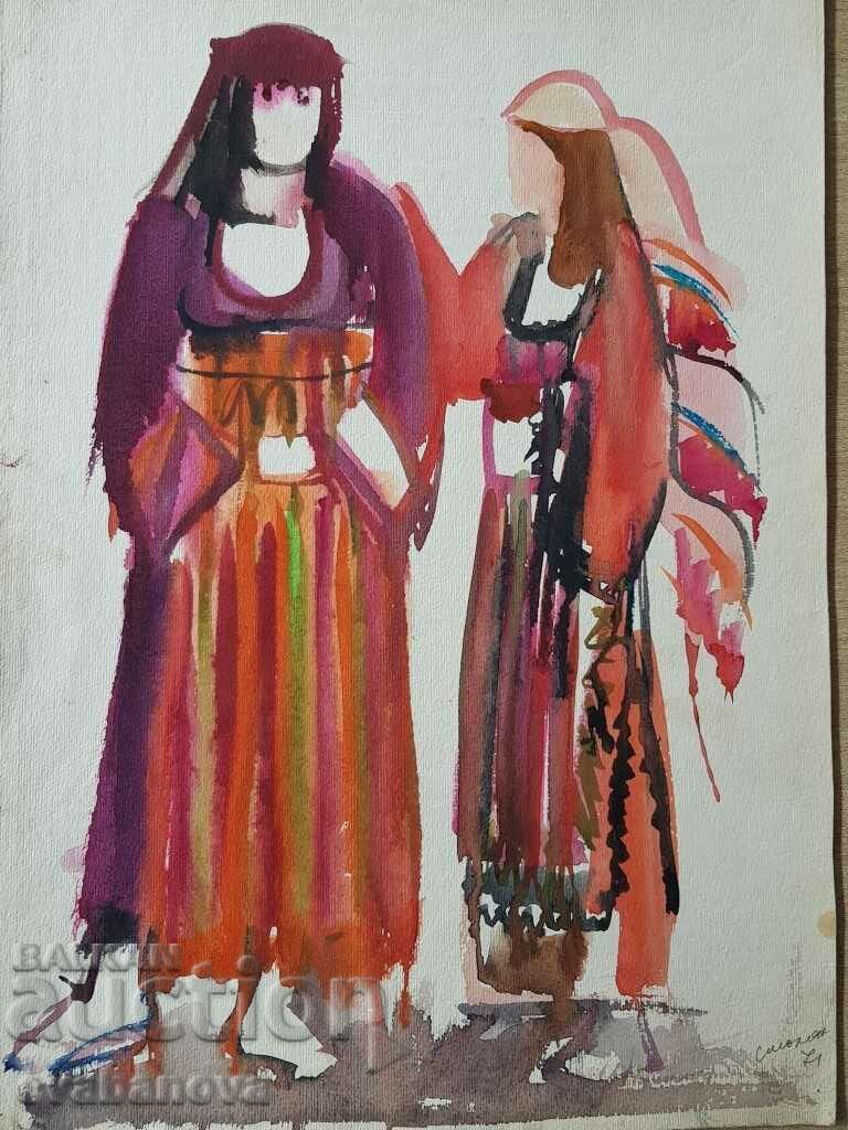 Калина Тасева Родопски носий Смолян 1971г акварел