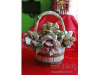 CAPODIMONTE Old Porcelain Basket with Flowers, Marked
