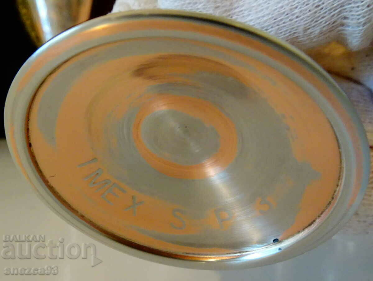 Copper cups with a picture of a Lady picking grapes, 4 pieces - 5 Copper cups with a picture of a Lady picking grapes, 4 pieces - 5