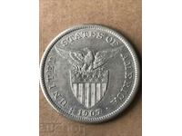 Филипини САЩ Америка 1 песо 1907 рядка сребърна монета