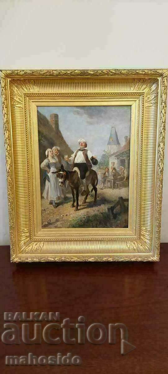 19th century French painting, oil on panel "Merry"