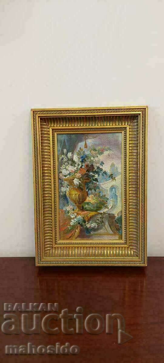 19th century French painting, oil on panel, vase of flowers