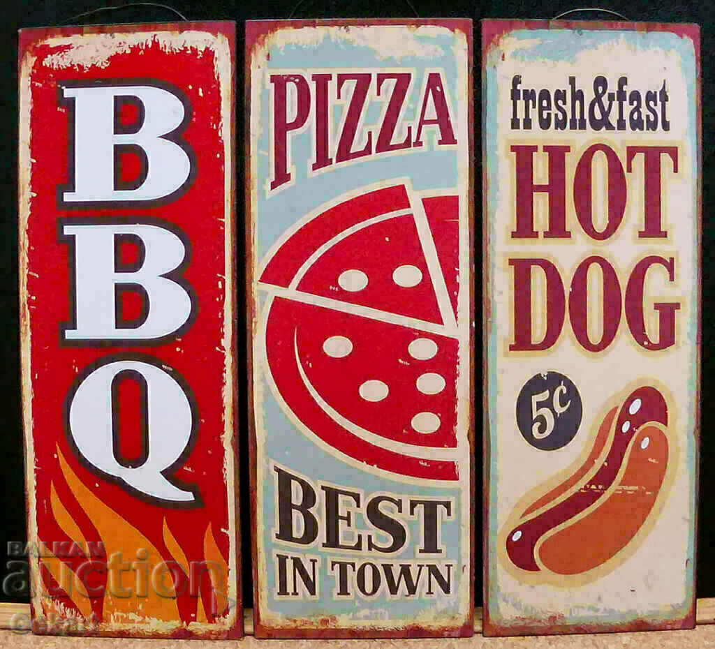 Μεταλλικές επιγραφές 3 x BBQ PIZZA HOT DOG