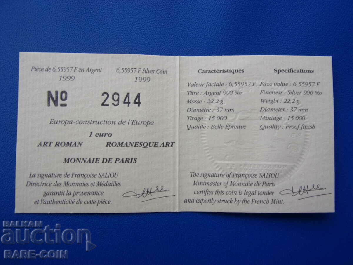Доставка на RS(49) Франция 6,55957 франк 1999  серификат  PROOF UNC Rare