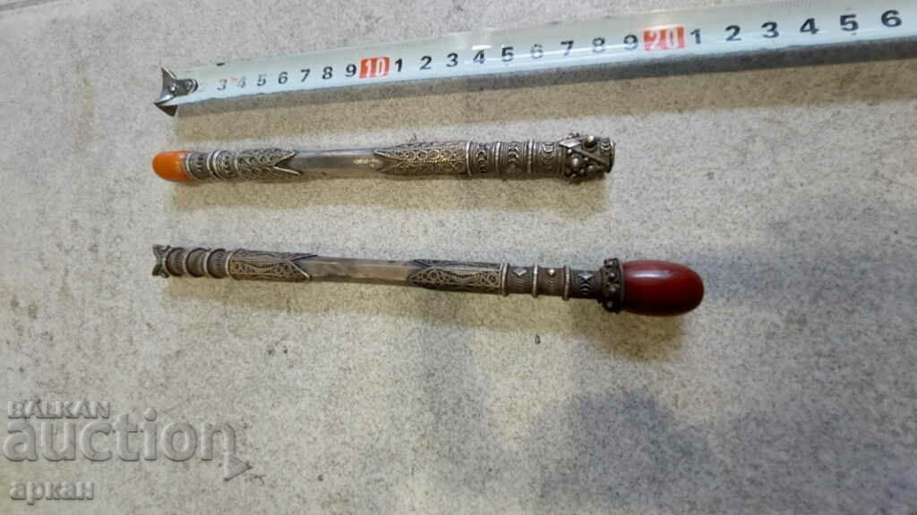 Silver cigarettes with amber - Ottoman Empire XIX century - 2 pcs - 6 Silver cigarettes with amber - Ottoman Empire XIX century - 2 pcs - 6