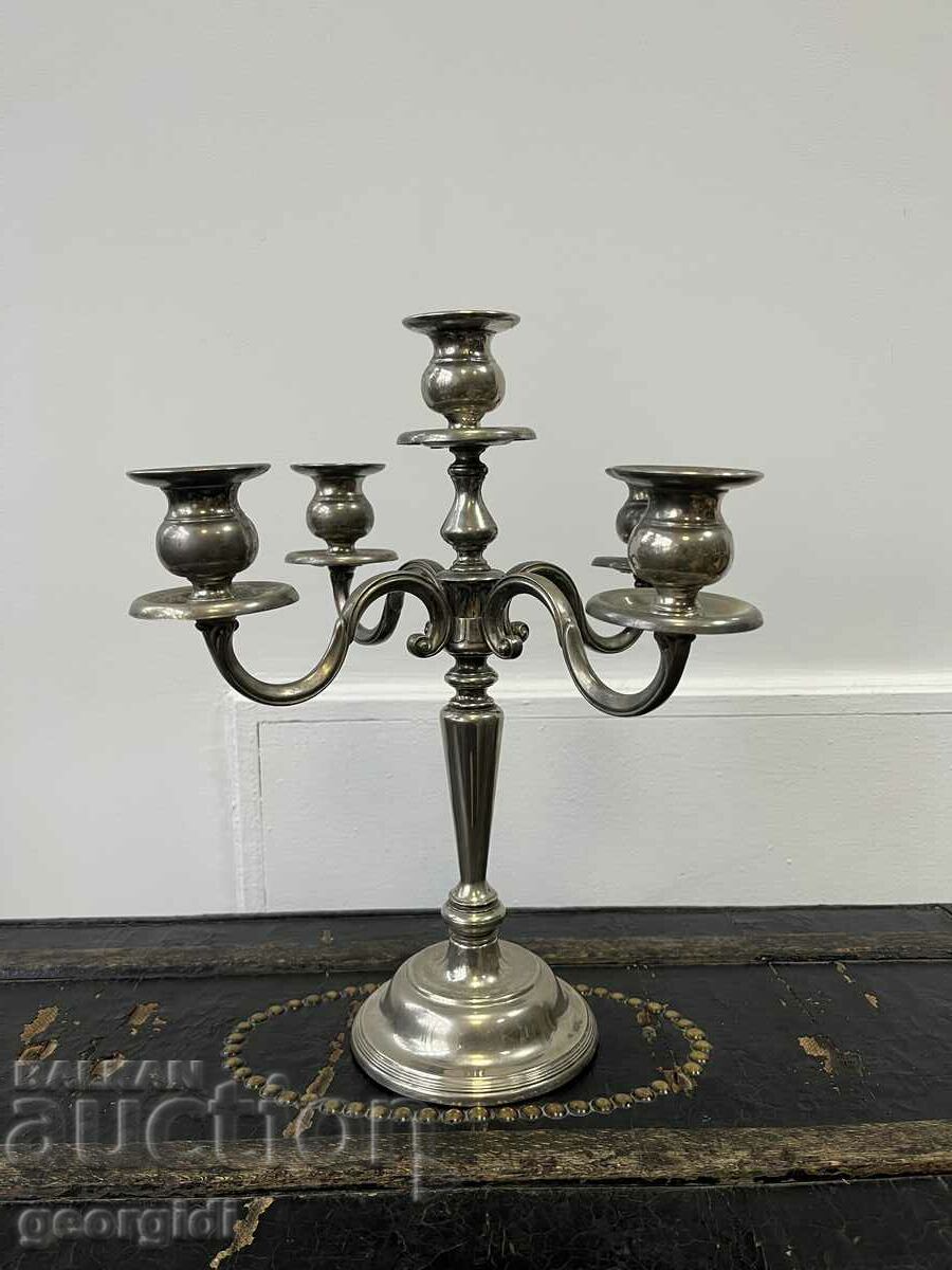 Large silver-plated five-piece candlestick. #3024