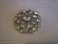 Retro round brooch with white Czech crystal