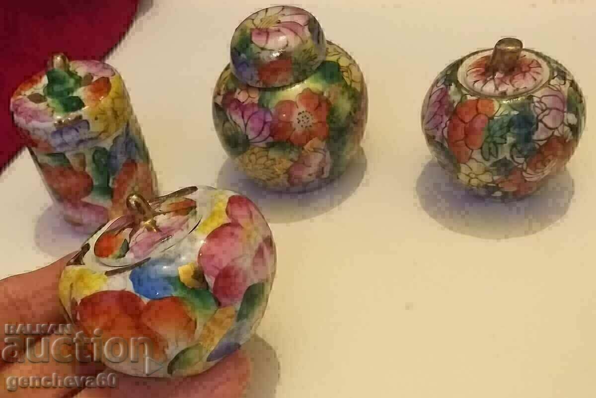 Auction  Vintage painted, colorful porcelain jars and vase