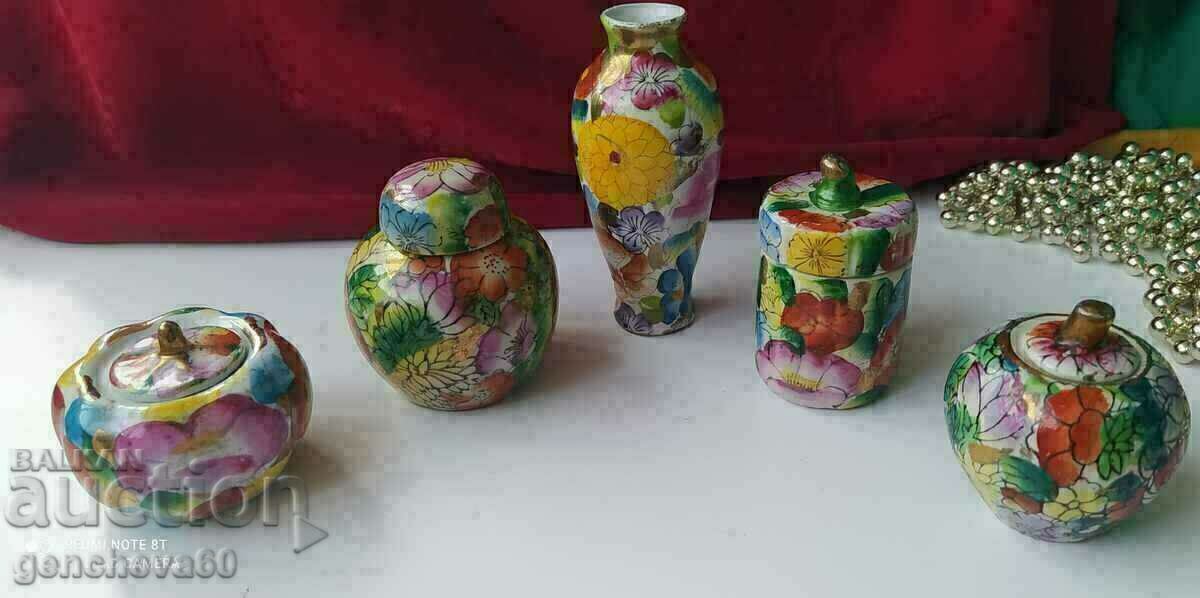 Vintage painted, colorful porcelain jars and vase