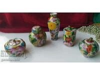 Vintage painted, colorful porcelain jars and vase