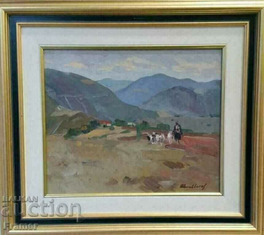 Atanas Mihov Landscape with a shepherd from the village of Bov, 1940s