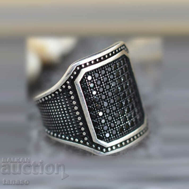 Men's ring with black zircons, silver-plated