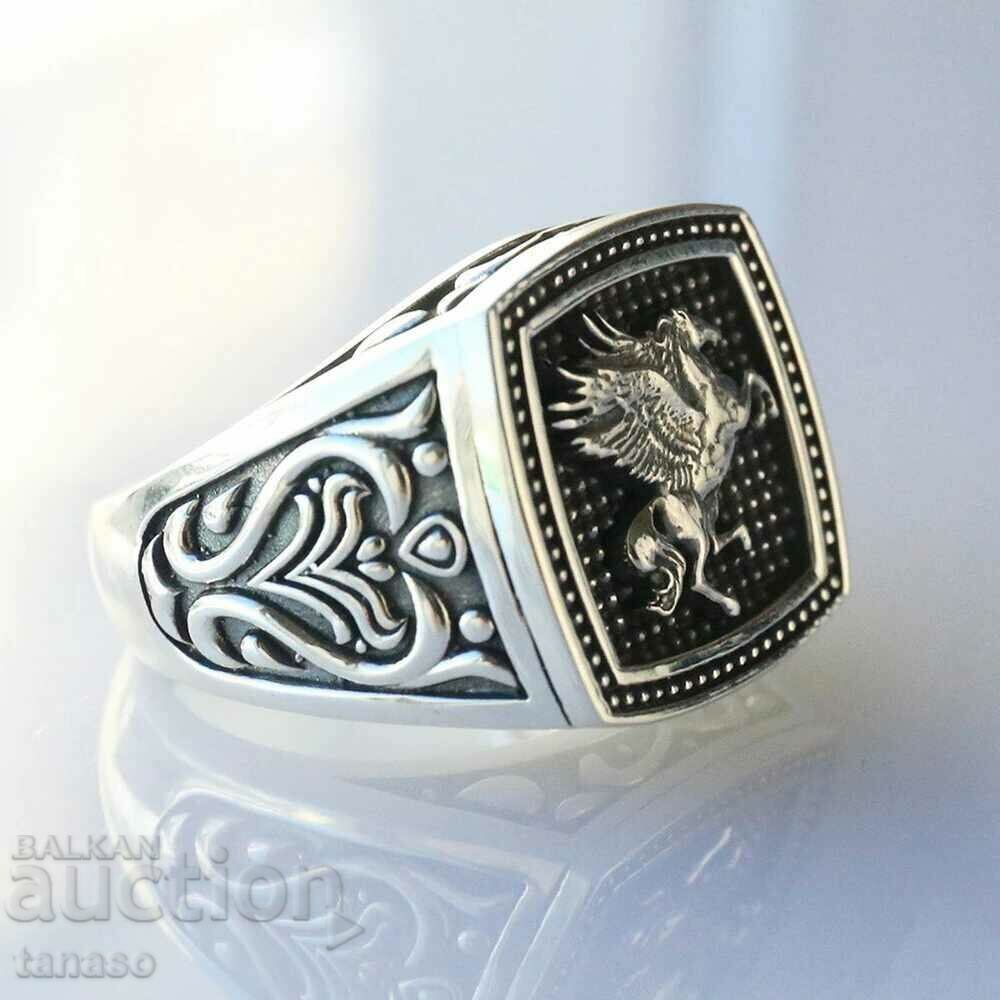 Pegasus men's ring, silver-plated
