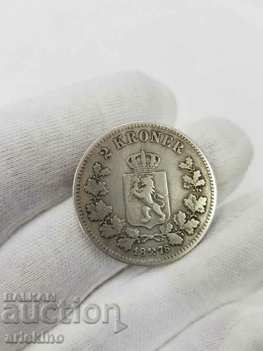 Rare silver coin Norway 2 kroner 1878 Oscar II with price 180.00 BGN | € 92.03