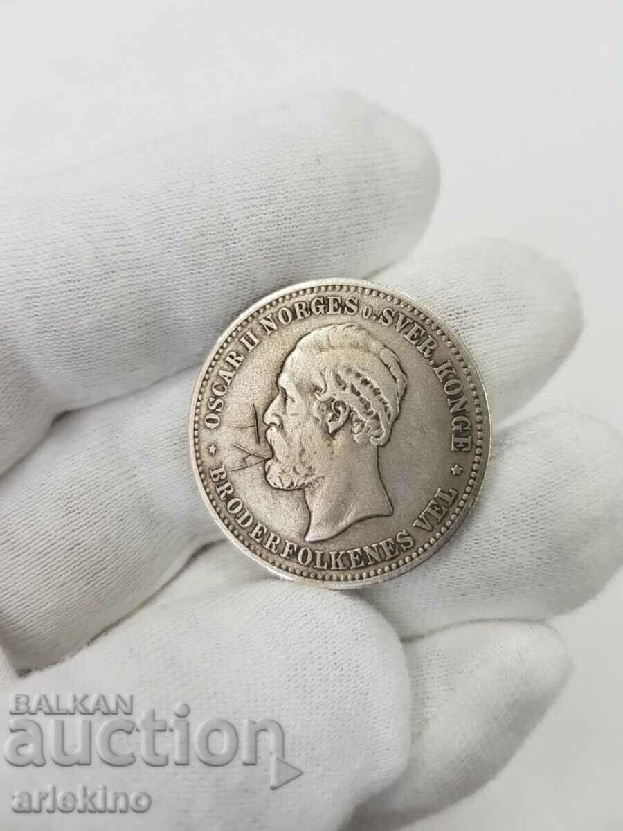 Rare silver coin Norway 2 kroner 1878 Oscar II - 5