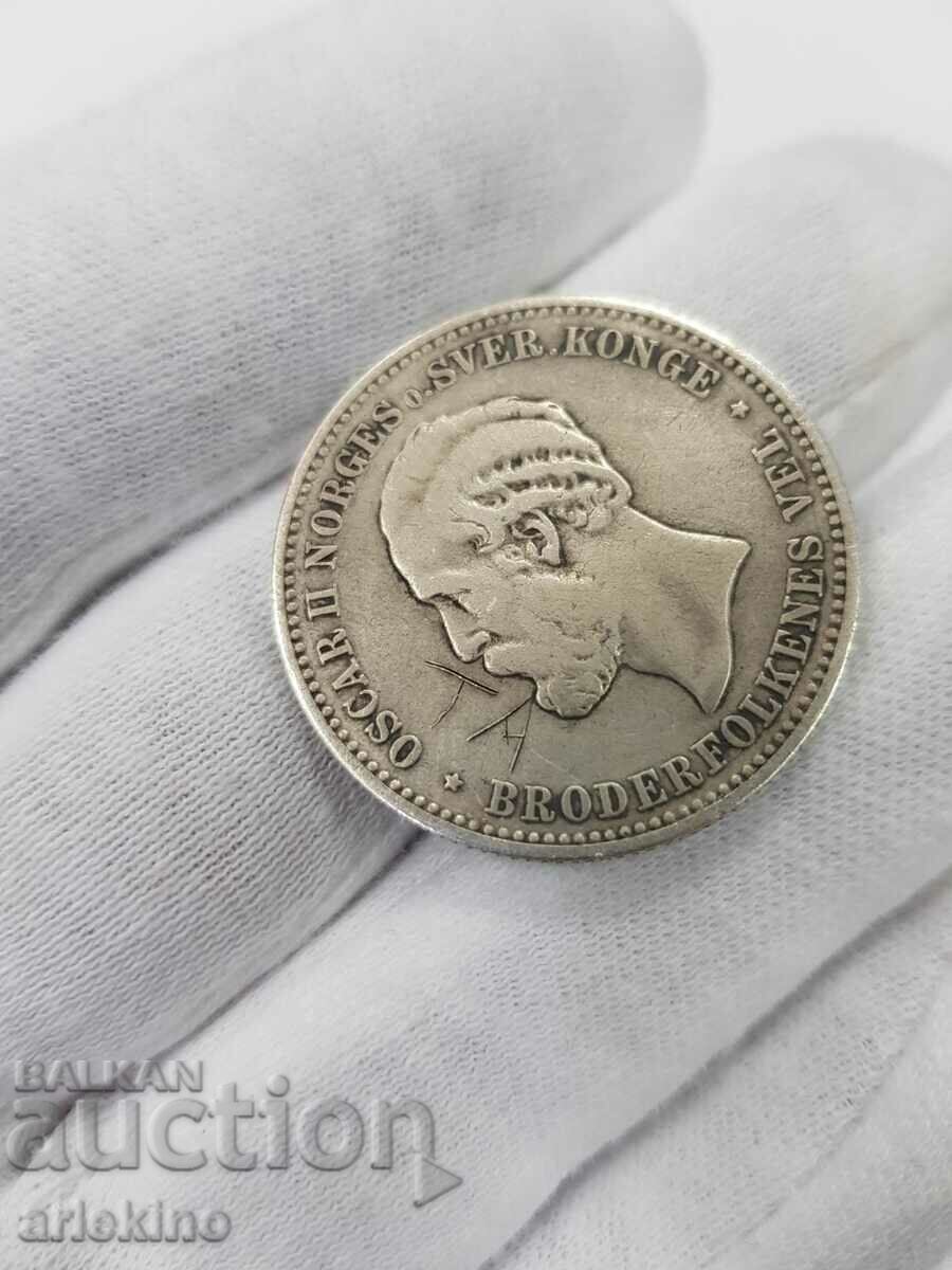 Рядка сребърна монета Норвегия 2 крони 1878 Oscar II - 6