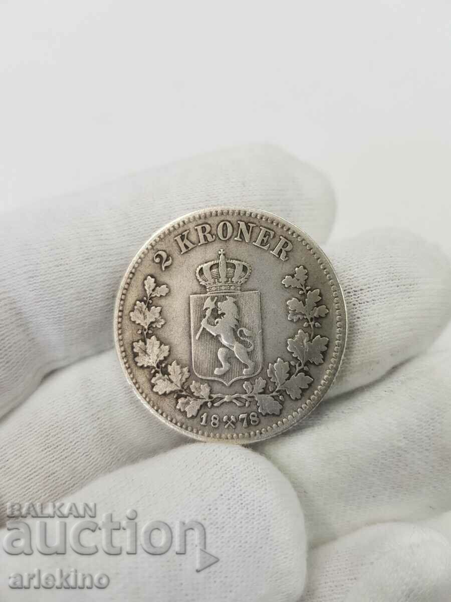 Monedă rară de argint Norvegia 2 coroane 1878 Oscar II
