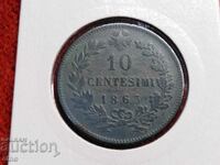 ИТАЛИЯ 10 ЧЕНТЕЗИМИ, 1863 г. монета, монети