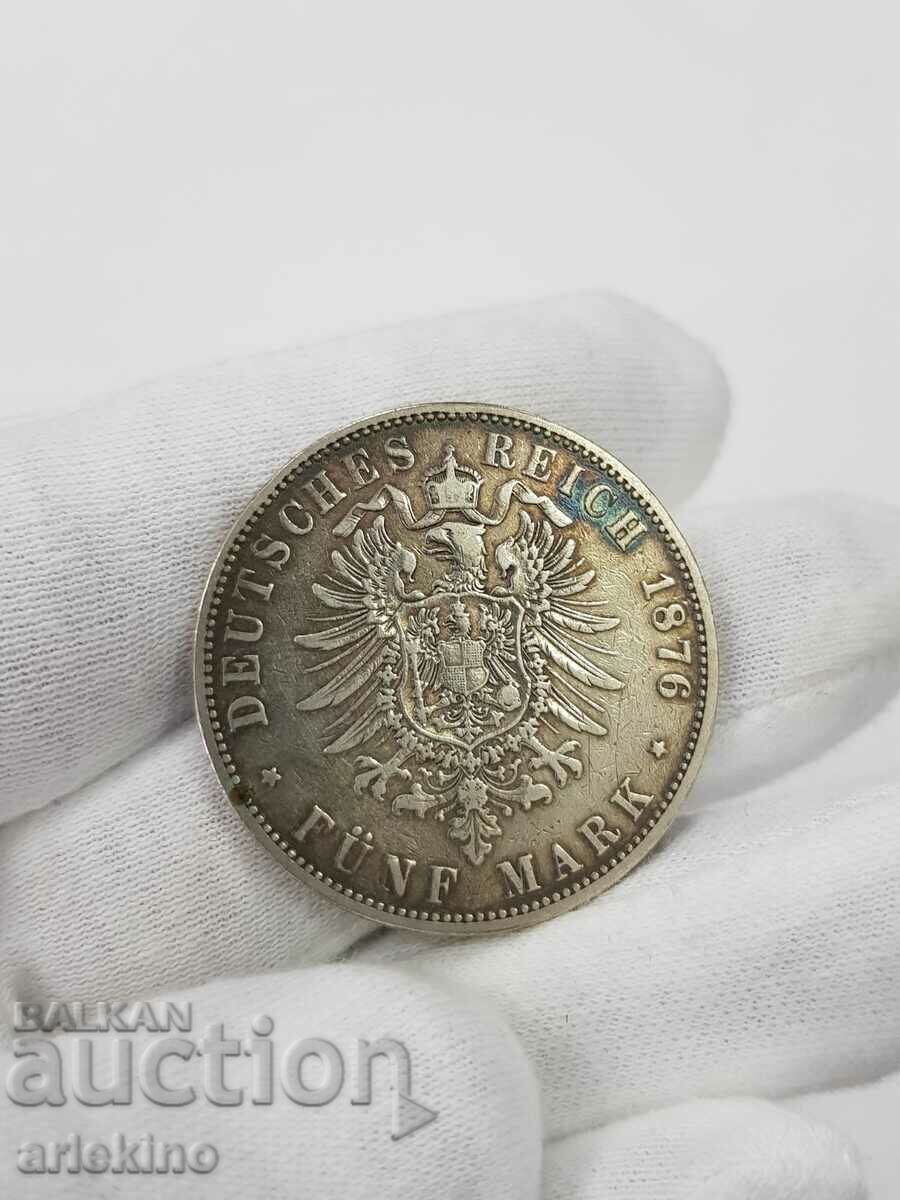 Rare German Coin 5 Marks Hamburg 1876 J. - 5 Rare German Coin 5 Marks Hamburg 1876 J. - 5