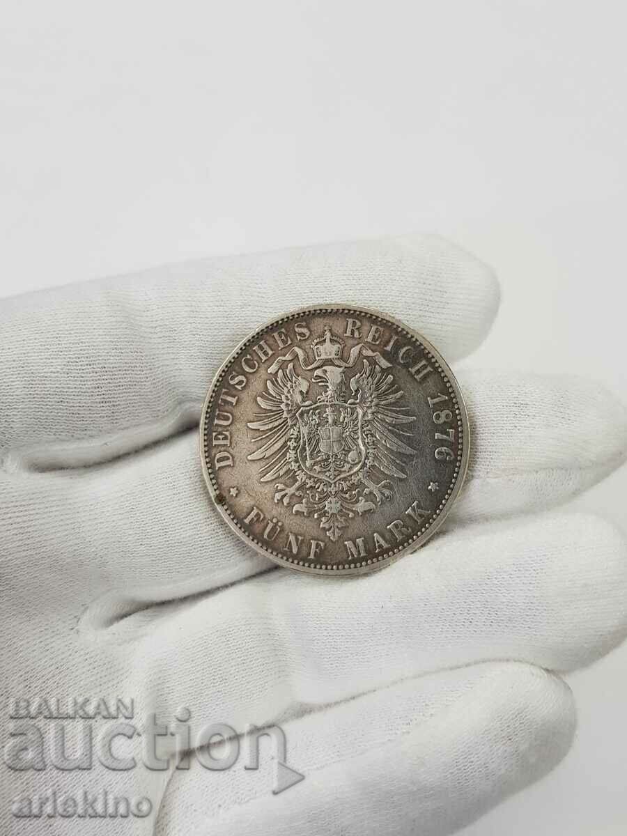 Rare German Coin 5 Marks Hamburg 1876 J. - 6 Rare German Coin 5 Marks Hamburg 1876 J. - 6