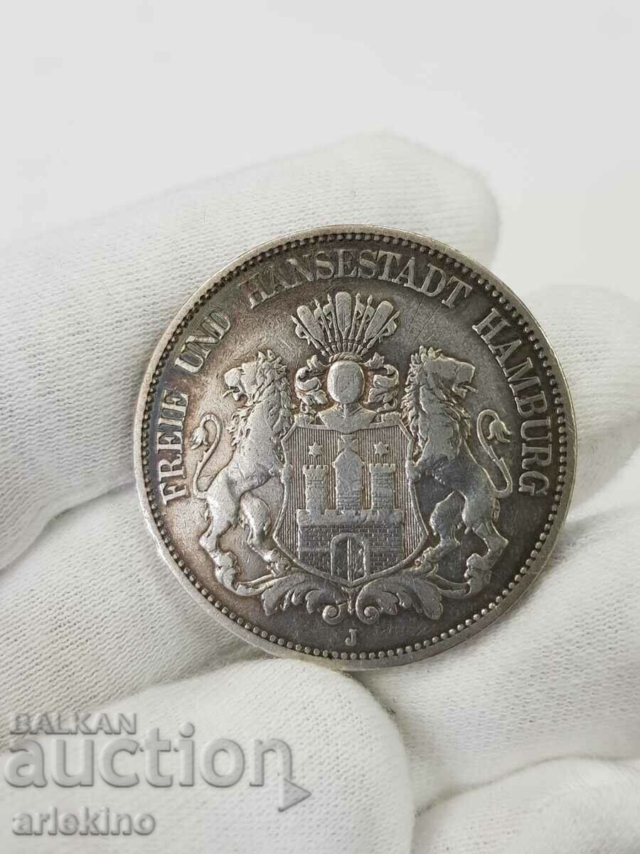 Рядка германска монета 5 марки Hamburg 1876 J.