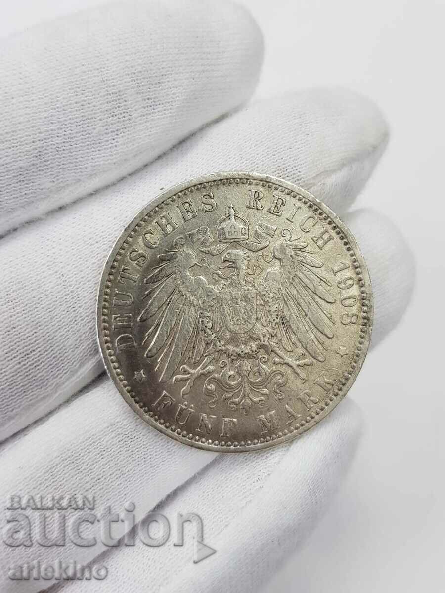 Rare German 5 Mark Hamburg 1908 J Coin. - 5