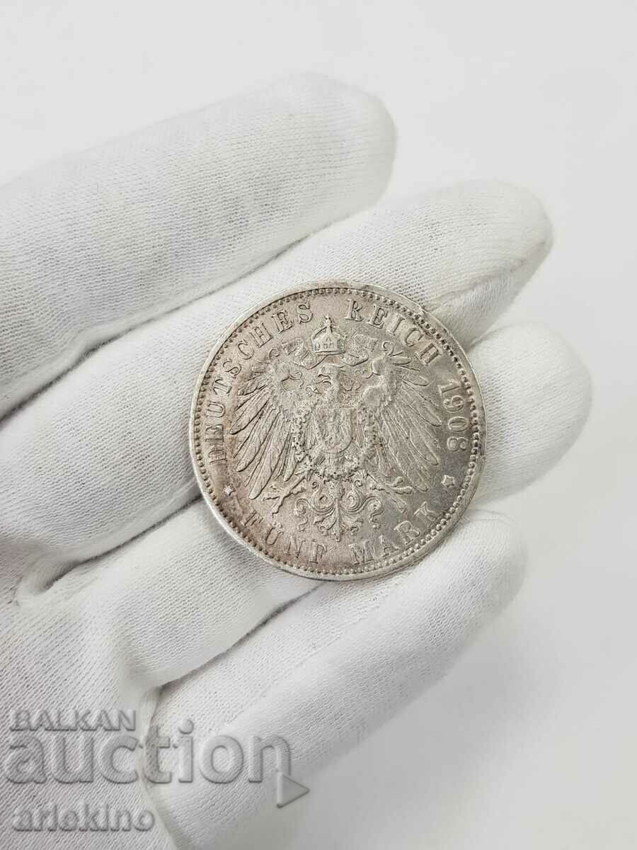Rare German 5 Mark Hamburg 1908 J Coin. - 6