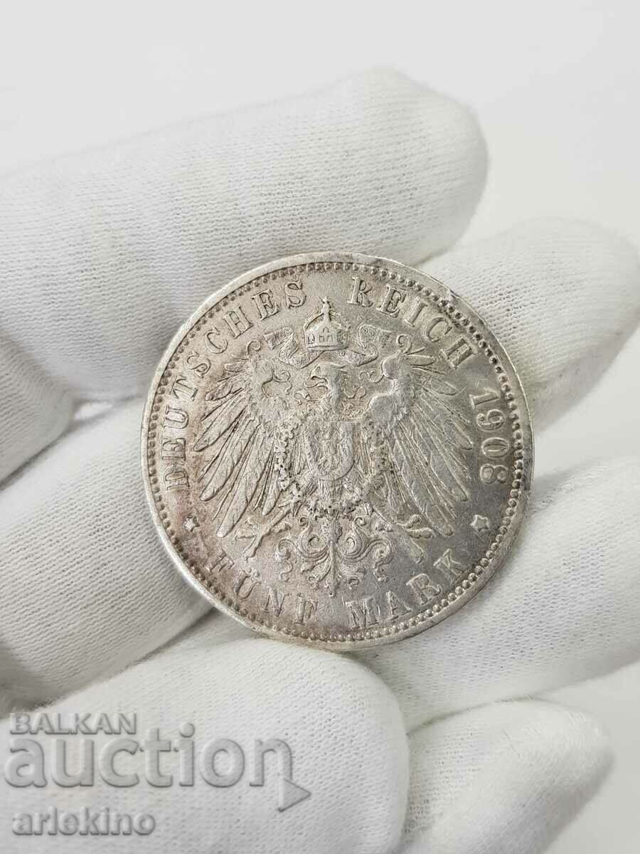 Rare German 5 Mark Hamburg 1908 J Coin. - 7