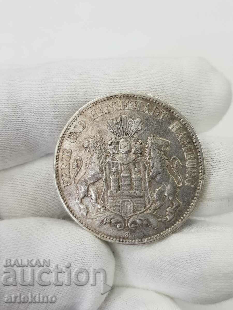 Rare German 5 Mark Hamburg 1908 J Coin.