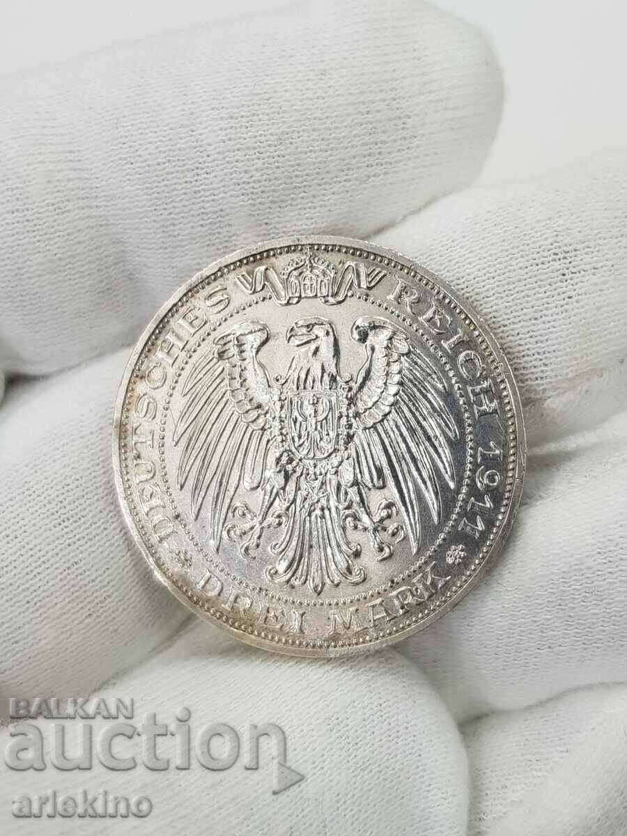 Monedă germană de colecție de 3 mărci 1911 jubileu
