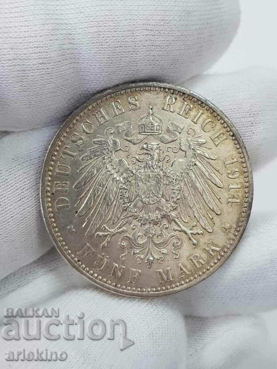Moneda germană de argint rară de 5 mărci 1914 Wilhelm al II-lea