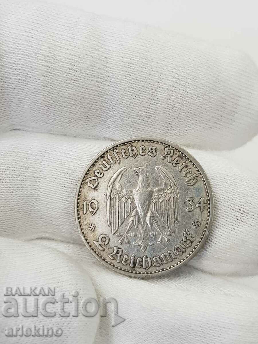 Monedă rară germană de 2 mărci 1934 - 5
