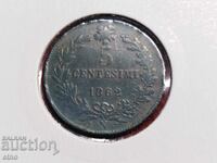 ИТАЛИЯ 5 ЧЕНТЕЗИМИ, 1862 г. монета, монети