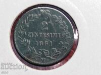 ИТАЛИЯ 2 ЧЕНТЕЗИМИ, 1861 г. монета, монети