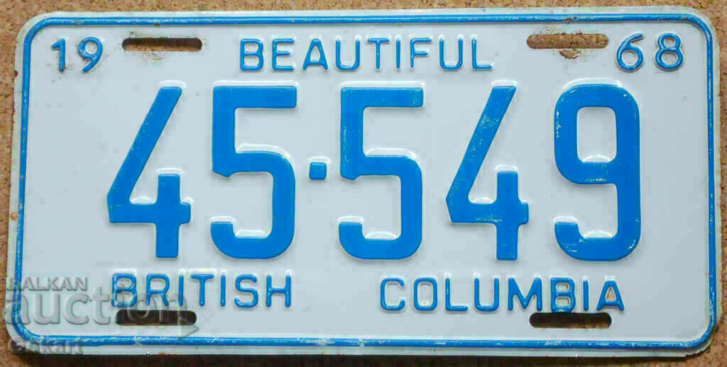 Canadian License Plate BRITISH COLUMBIA 1968