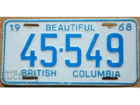 Canadian License Plate BRITISH COLUMBIA 1968