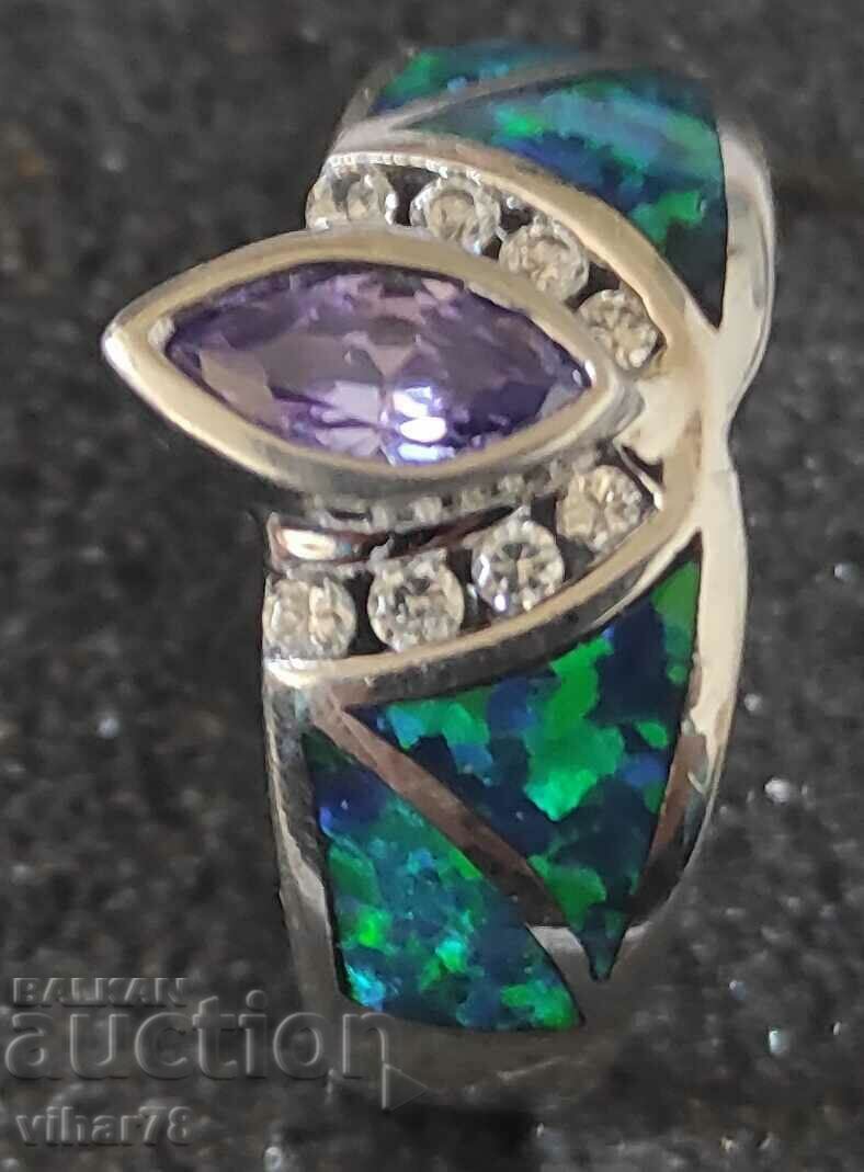 Solid silver ring with opals and zircons