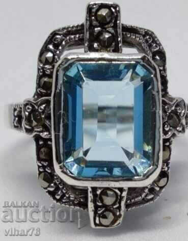 Delivery of Art Deco silver ring with aquamarine and hammered MARCAZITES Delivery of Art Deco silver ring with aquamarine and hammered MARCAZITES