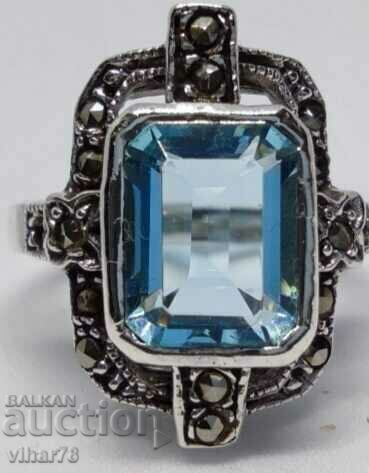 Παράδοση Ασημένιο δαχτυλίδι Art Deco με γαλαζοπράσινο και σφυρήλατο MARCAZITES