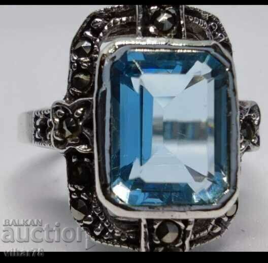 Art Deco silver ring with aquamarine and hammered MARCAZITES - 5 Art Deco silver ring with aquamarine and hammered MARCAZITES - 5