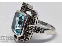 Art Deco silver ring with aquamarine and hammered MARCAZITES