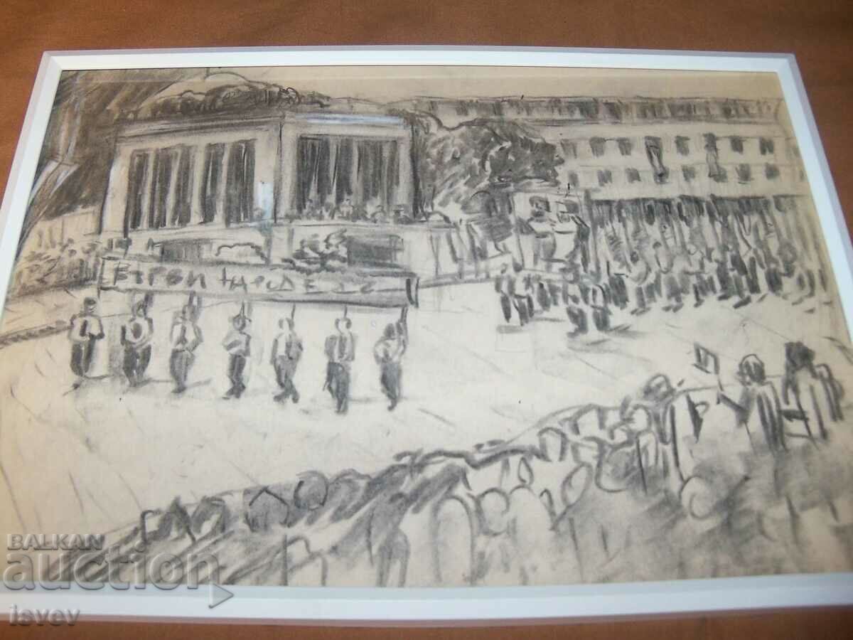 Auction Old pencil drawing of a demonstration in front of the mausoleum Auction Old pencil drawing of a demonstration in front of the mausoleum