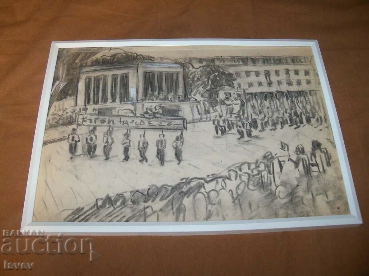 Delivery of Old pencil drawing of a demonstration in front of the mausoleum Delivery of Old pencil drawing of a demonstration in front of the mausoleum