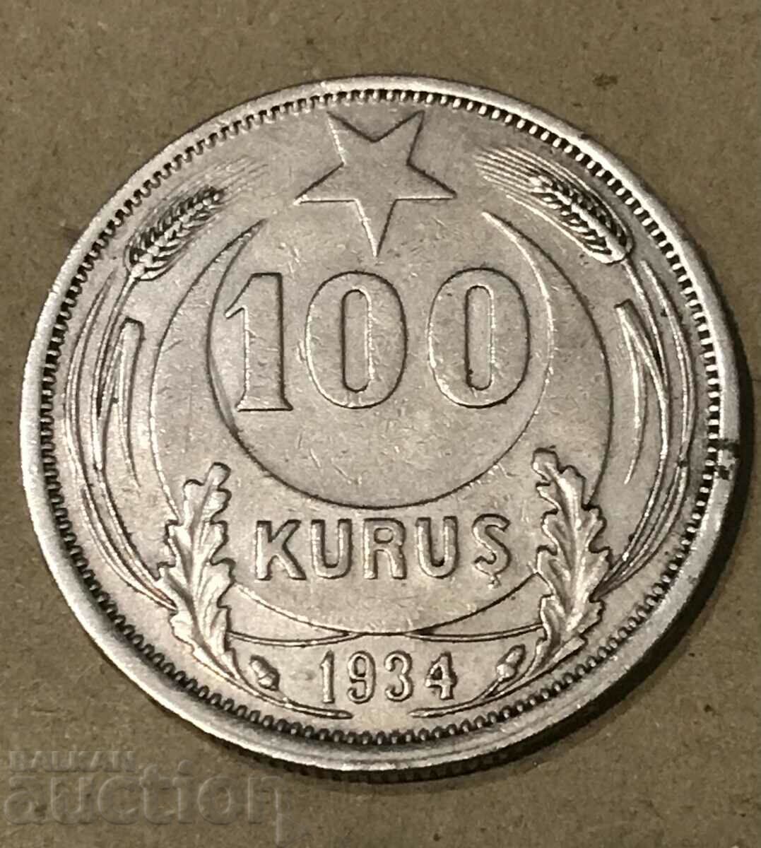 Turcia 100 Kurush 1934 Kemal Atatürk Monedă de argint rară