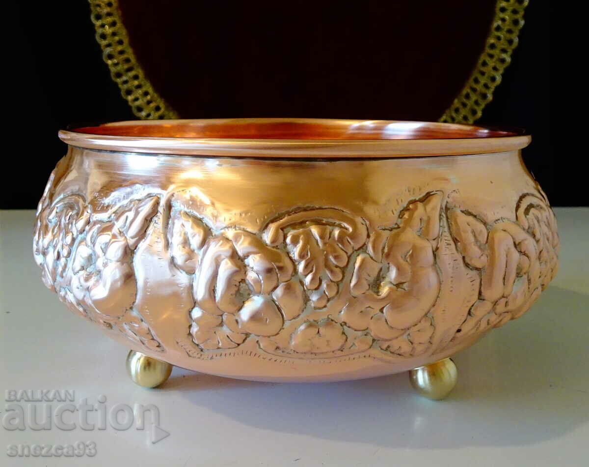 Copper vessel, embossed grapes, flowers, baroque.