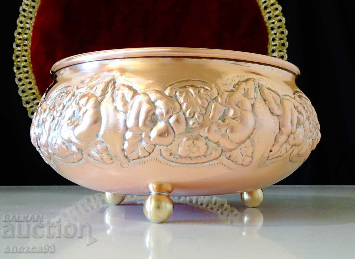 Copper vessel, embossed grapes, flowers, baroque.