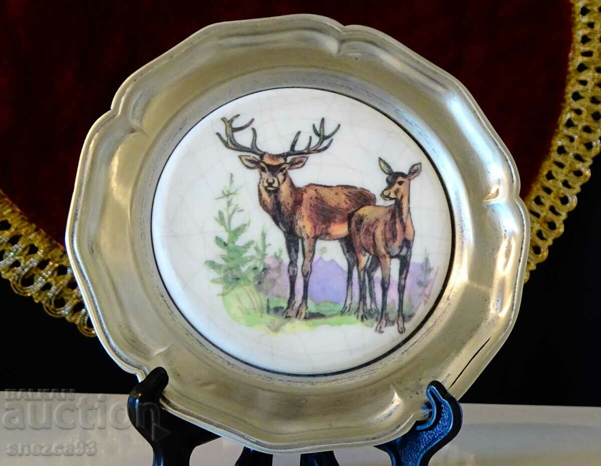 Pewter plate with Deer and Roe.