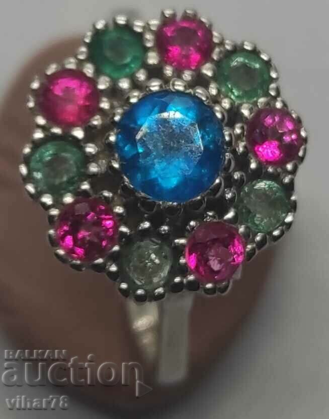 Auction Silver women's ring with blue apatite, emerald and pink topaz Auction Silver women's ring with blue apatite, emerald and pink topaz