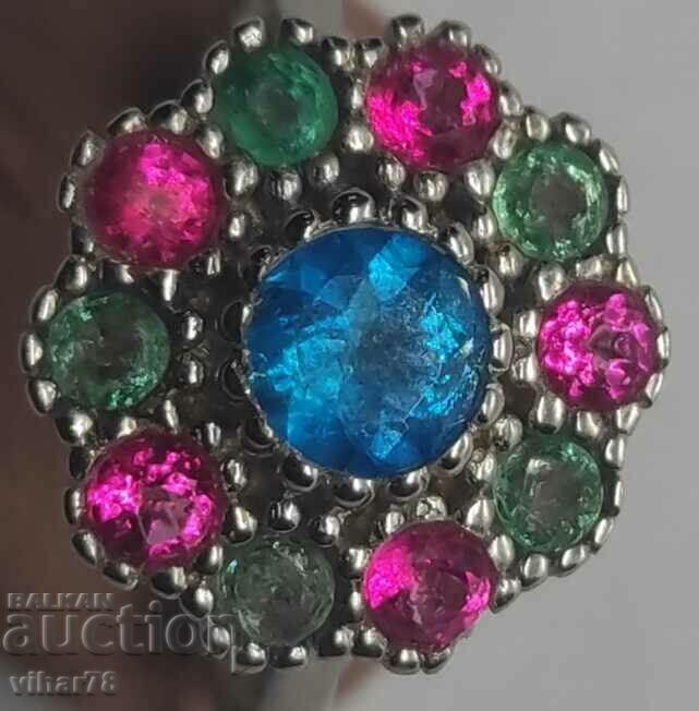 Сребърен дамски пръстен с син апатит, смаргд и розов топаз