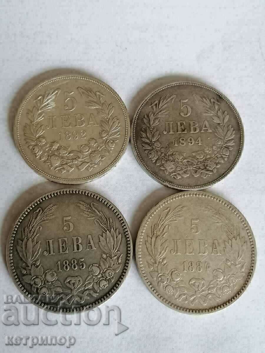 Лот каре 5 лева 1884 , 1885 , 1892 , 1894 г. сребърни Лот каре 5 лева 1884 , 1885 , 1892 , 1894 г. сребърни